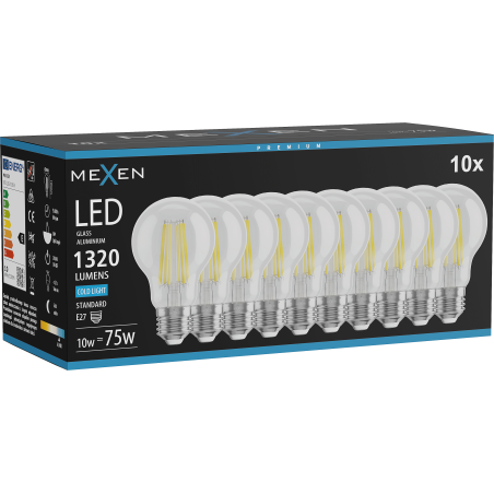 Mexen Vintis 10x LED pavediena spuldze E27, A60, 10W, Auksta - 6500K, 1320 lm, caurspīdīga - L150-E27-1065-00x10