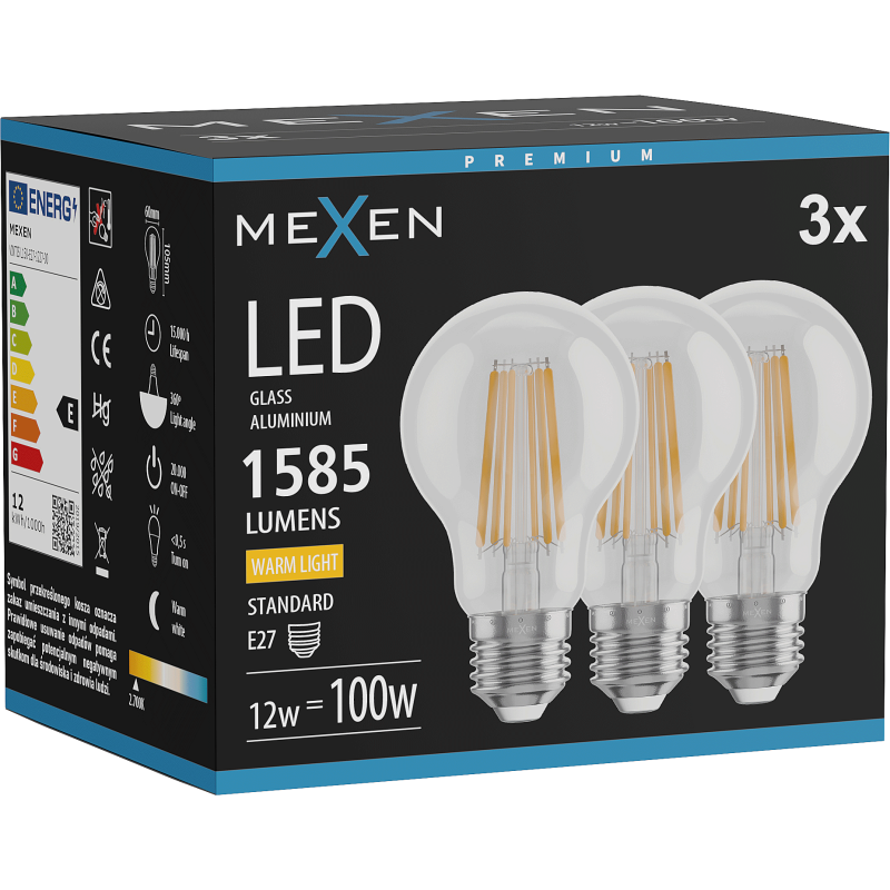 Mexen Vintis 3x Λάμπα νήματος LED E27, A60, 12W, Ζεστό - 2700K, 1585 lm, διαυγής - L150-E27-1227-00x03