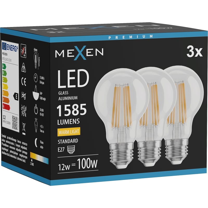 Mexen Vintis 3x Lampadina a filamento LED E27, A60, 12W, Calda - 2700K, 1585 lm, trasparente - L150-E27-1227-00x03