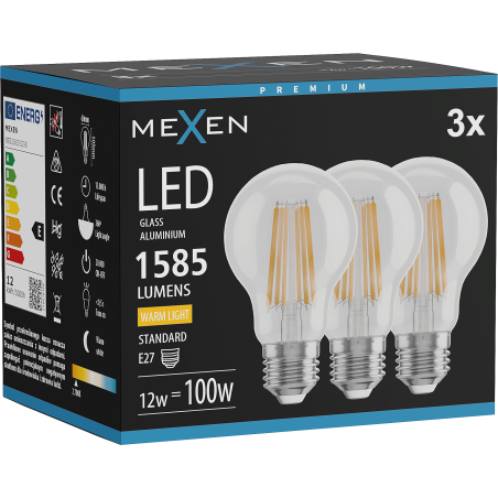 Mexen Vintis 3x LED kvēlspuldze E27, A60, 12W, Silta - 2700K, 1585 lm, caurspīdīga - L150-E27-1227-00x03