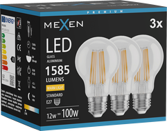 Mexen Vintis 3x LED hõõgniit-pirn E27, A60, 12W, Soe - 2700K, 1585 lm, läbipaistev - L150-E27-1227-00x03