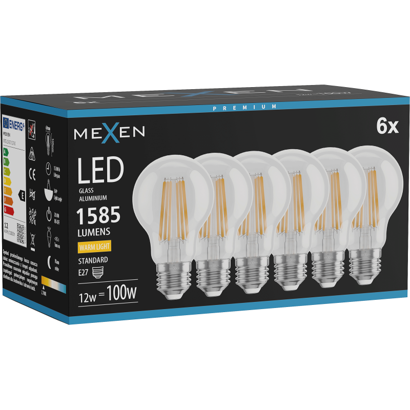 Mexen Vintis 6x LED kvēlspuldze E27, A60, 12W, Silts - 2700K, 1585 lm, caurspīdīgs - L150-E27-1227-00x06