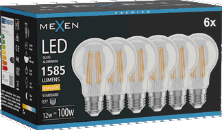 Mexen Vintis 6x żarówka filament LED E27, A60, 12W, Ciepła - 2700K, 1585 lm, clear - L150-E27-1227-00x06