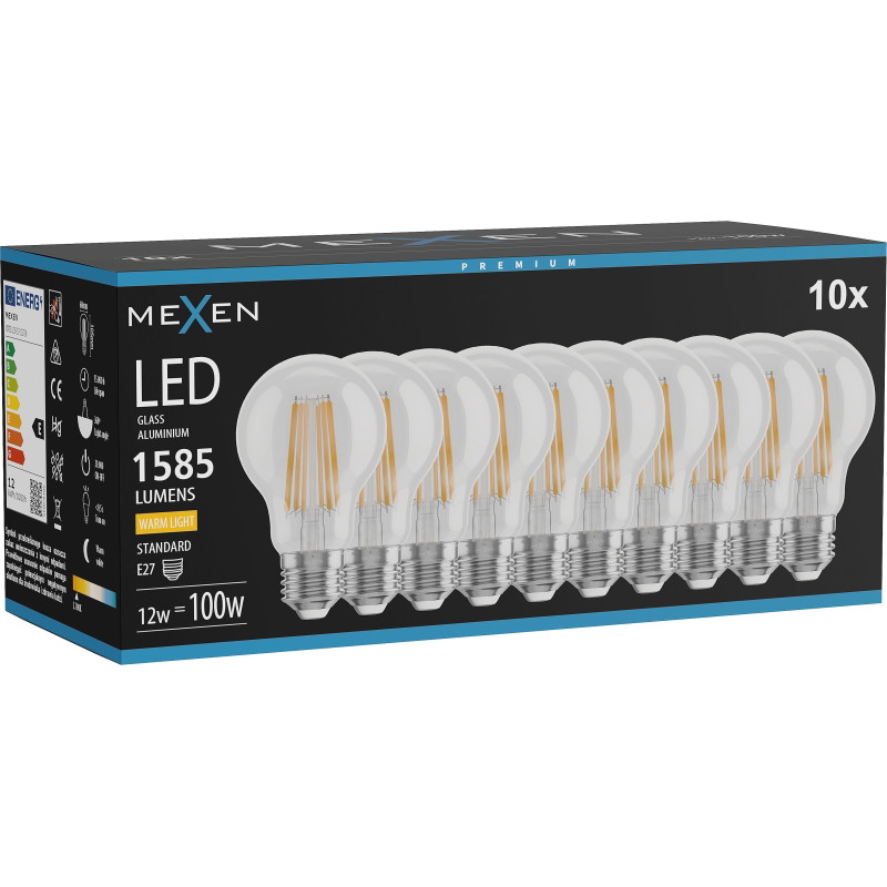 Mexen Vintis 10x LED filament žarulja E27, A60, 12W, Topla - 2700K, 1585 lm, prozirna - L150-E27-1227-00x10