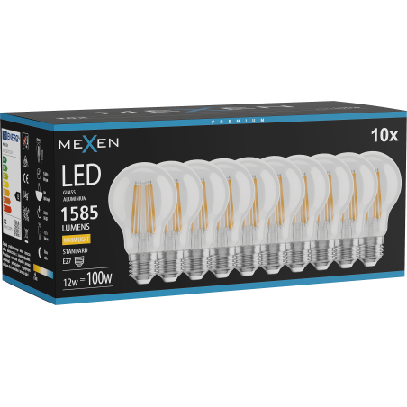 Mexen Vintis 10x LED-filamentlampa E27, A60, 12W, Varm - 2700K, 1585 lm, klar - L150-E27-1227-00x10