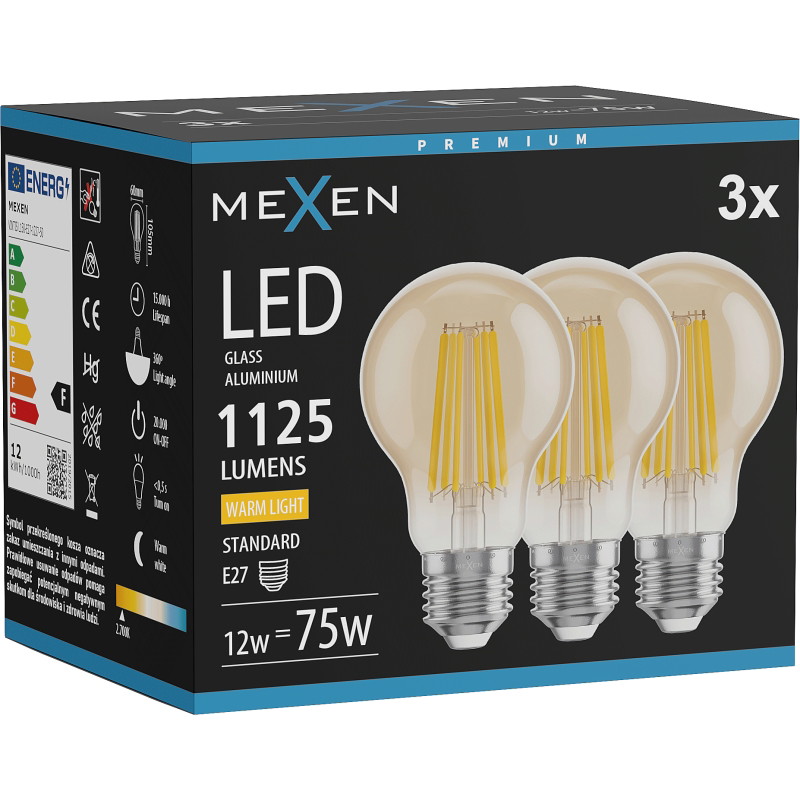 Mexen Vintis 3x Filament LED-lamp E27, A60, 12W, Warm - 2700K, 1125 lm, amber - L150-E27-1227-50x03