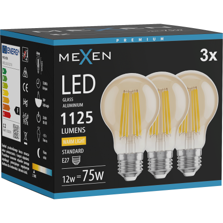 Mexen Vintis 3x LED kvēlspuldze E27, A60, 12W, Silta - 2700K, 1125 lm, dzintars - L150-E27-1227-50x03