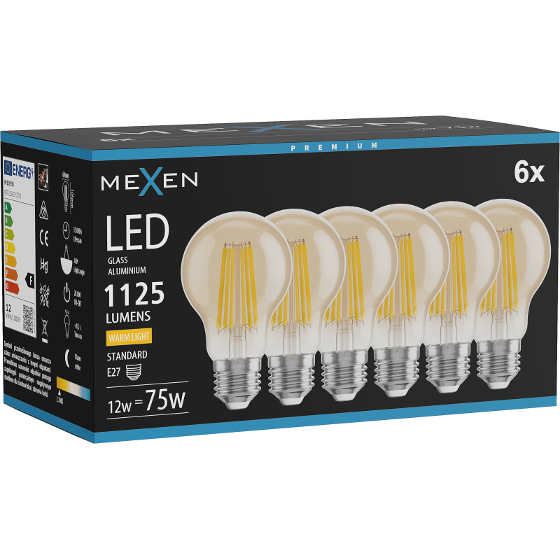 Mexen Vintis 6x Filamentna LED žarnica E27, A60, 12W, Topla - 2700K, 1125 lm, jantar - L150-E27-1227-50x06
