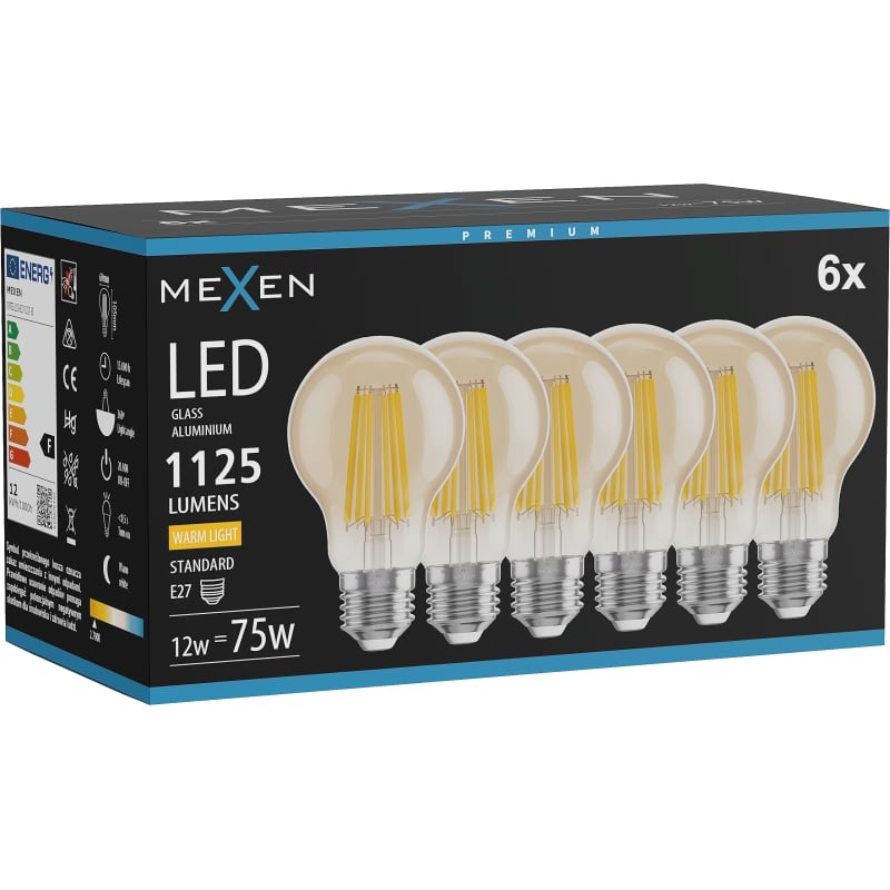Mexen Vintis 6x Lampadina filament LED E27, A60, 12W, Calda - 2700K, 1125 lm, ambra - L150-E27-1227-50x06