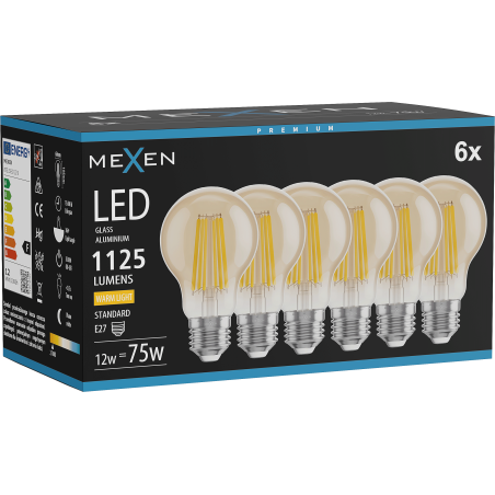 Mexen Vintis 6x LED-filamentlampa E27, A60, 12W, Varm - 2700K, 1125 lm, amber - L150-E27-1227-50x06