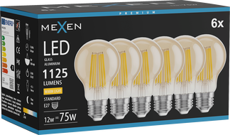 Mexen Vintis 6x LED E27 hõõgniidiga lamp, A60, 12W, Soe - 2700K, 1125 lm, merevaik - L150-E27-1227-50x06