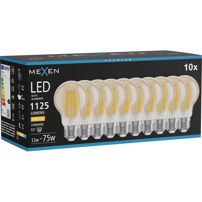 Mexen Vintis 10x LED kvēlspuldze E27, A60, 12W, Silta - 2700K, 1125 lm, dzintara - L150-E27-1227-50x10