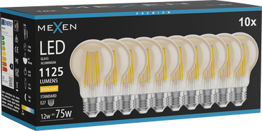Mexen Vintis 10x žarulja filament LED E27, A60, 12W, Toplo - 2700K, 1125 lm, amber - L150-E27-1227-50x10