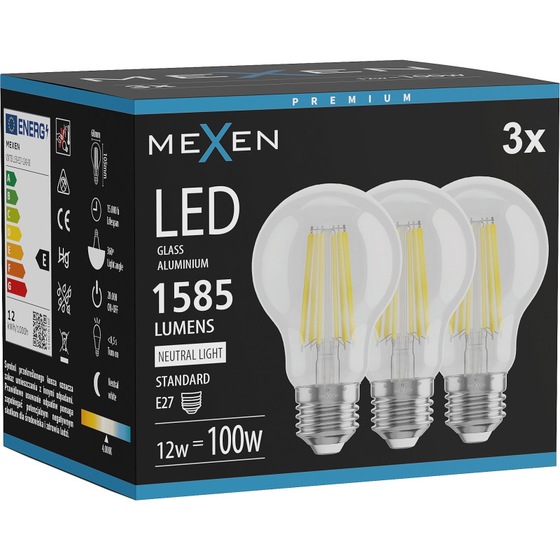 Mexen Vintis 3x Bombilla LED de filamento E27, A60, 12W, Neutra - 4000K, 1585 lm, clara - L150-E27-1240-00x03