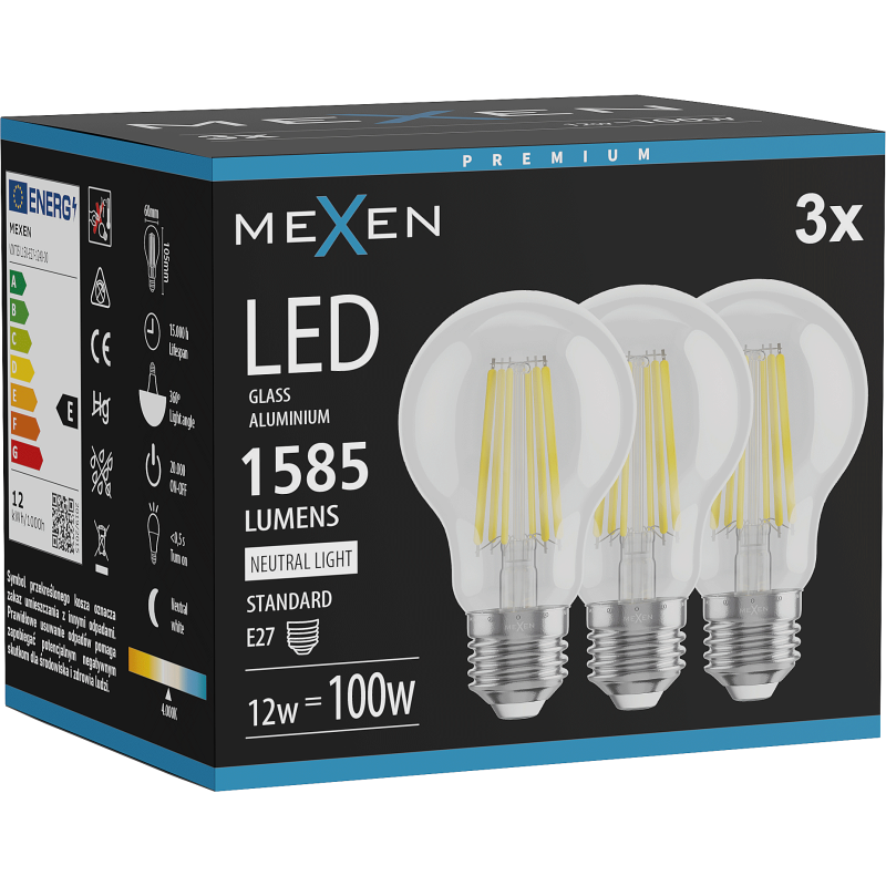 Mexen Vintis 3x Λάμπα LED νήματος E27, A60, 12W, Ουδέτερη - 4000K, 1585 lm, καθαρή