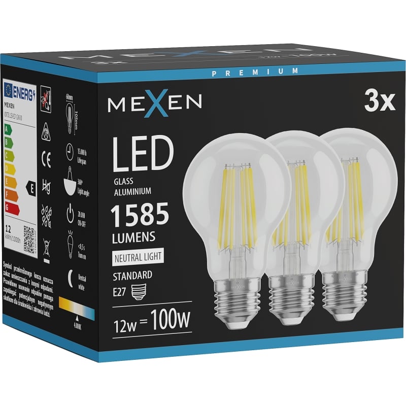 Mexen Vintis 3x LED filamentlampa E27, A60, 12W, Neutral - 4000K, 1585 lm, klar - L150-E27-1240-00x03