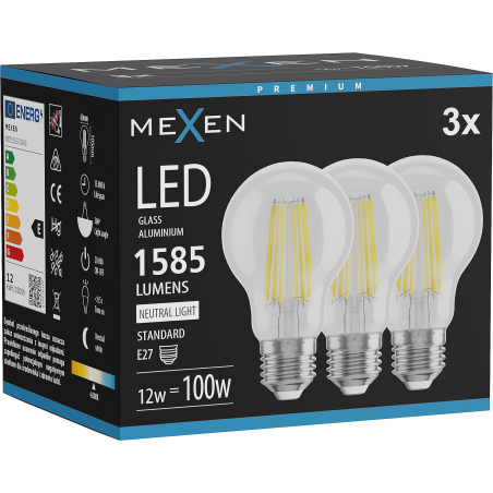 Mexen Vintis 3x Bombilla LED de filamento E27, A60, 12W, Neutra - 4000K, 1585 lm, clara - L150-E27-1240-00x03
