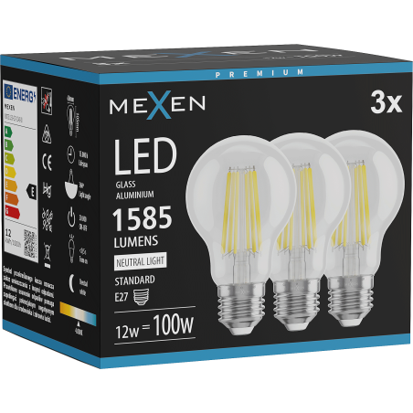 Mexen Vintis 3x LED filamentlamp E27, A60, 12W, Neutraal - 4000K, 1585 lm, helder - L150-E27-1240-00x03