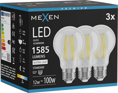Mexen Vintis 3x Ampoule filament LED E27, A60, 12W, Neutre - 4000K, 1585 lm, transparent - L150-E27-1240-00x03
