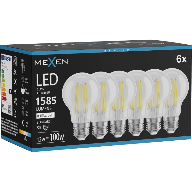 Mexen Vintis 6x Lampadina a filamento LED E27, A60, 12W, Neutro - 4000K, 1585 lm, trasparente - L150-E27-1240-00x06
