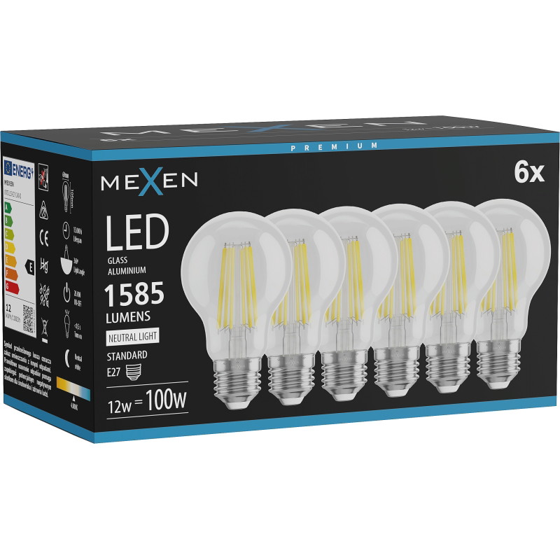Mexen Vintis 6x LED filamentlampa E27, A60, 12W, Neutral - 4000K, 1585 lm, klar - L150-E27-1240-00x06