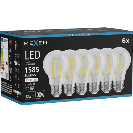 Mexen Vintis 6x LED spuldze, E27, A60, 12W, Neitrāla - 4000K, 1585 lm, caurspīdīga - L150-E27-1240-00x06