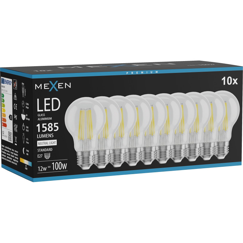 Mexen Vintis 10x Filamenttilamppu LED E27, A60, 12W, Neutraali - 4000K, 1585 lm, kirkas - L150-E27-1240-00x10