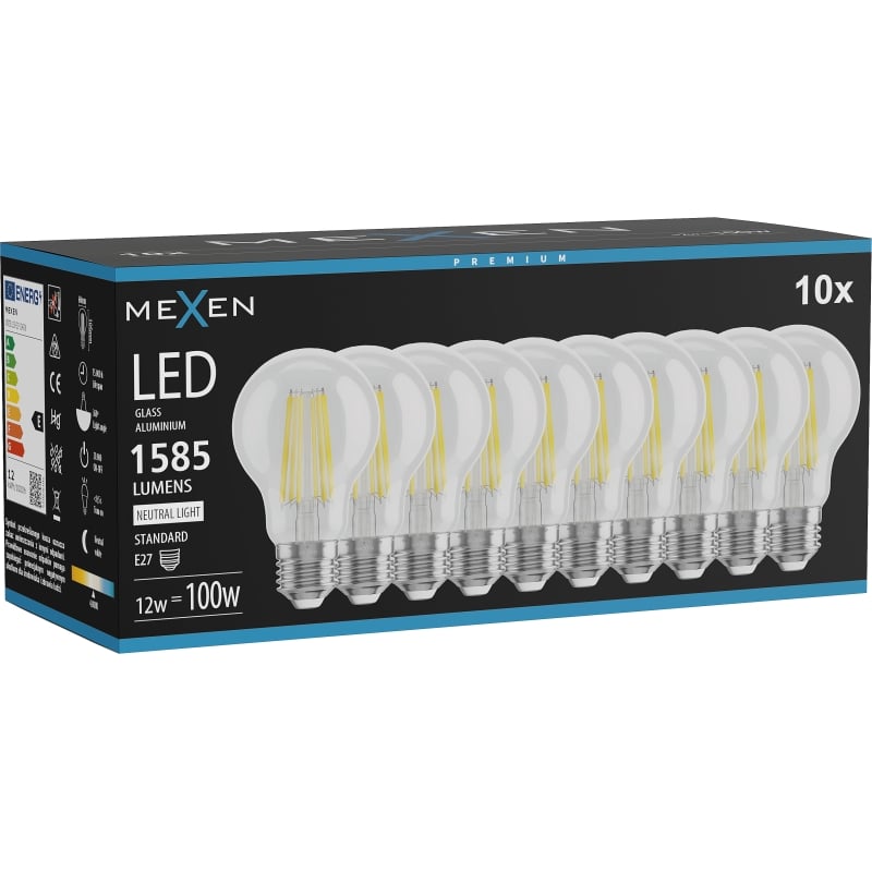 Mexen Vintis 10x Lampadina a filamento LED E27, A60, 12W, Neutro - 4000K, 1585 lm, trasparente - L150-E27-1240-00x10