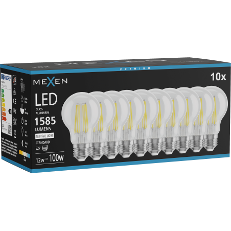 Mexen Vintis 10x LED kvēldiega spuldze E27, A60, 12W, Neitrāla - 4000K, 1585 lm, caurspīdīga - L150-E27-1240-00x10