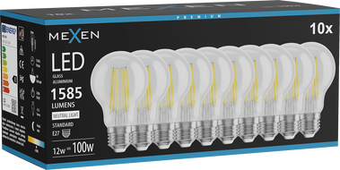 Mexen Vintis 10x LED-filamentlamp E27, A60, 12W, Neutraalne - 4000K, 1585 lm, läbipaistev - L150-E27-1240-00x10