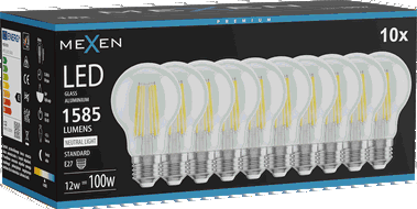 Mexen Vintis 10x żarówka filament LED E27, A60, 12W, Neutralna - 4000K, 1585 lm, clear - L150-E27-1240-00x10
