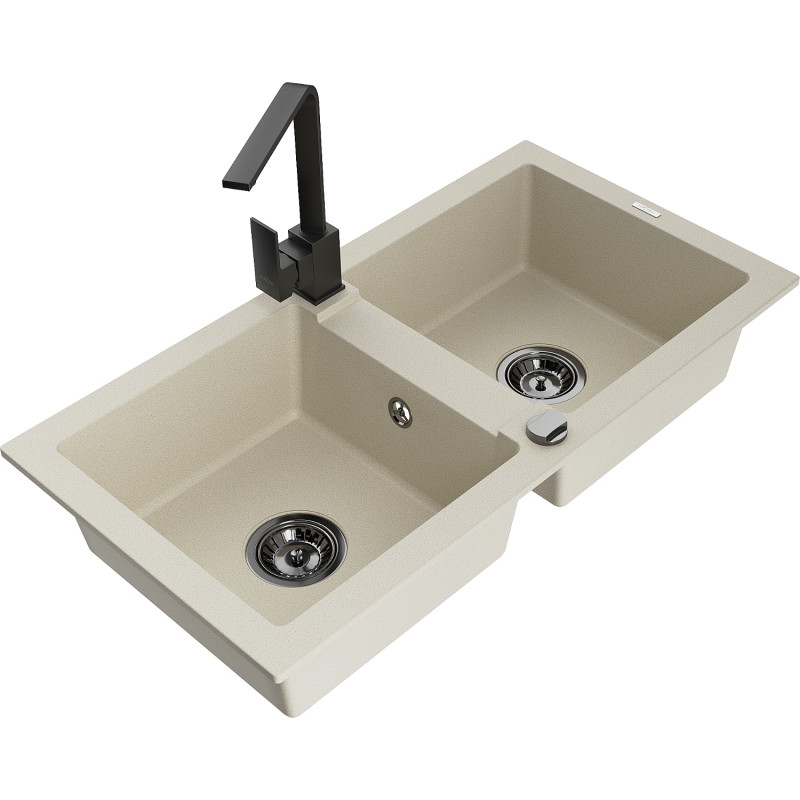 Mexen Mario évier en granit 2 bacs avec robinet de cuisine Rita, beige - 6504-69-670300-70