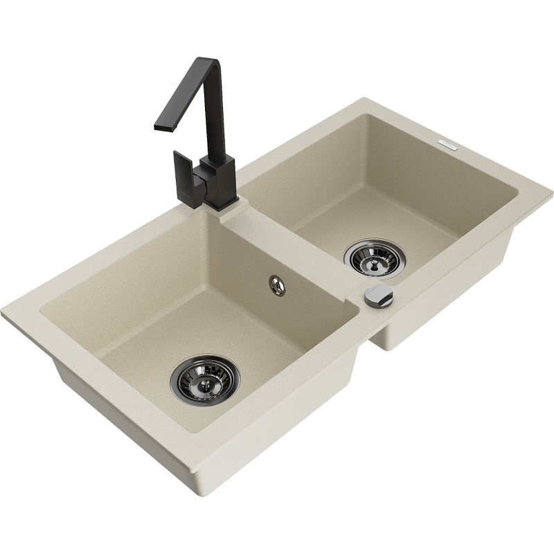 Mexen Mario fregadero de granito de 2 compartimentos con grifo de cocina Rita, beige - 6504-69-670300-70