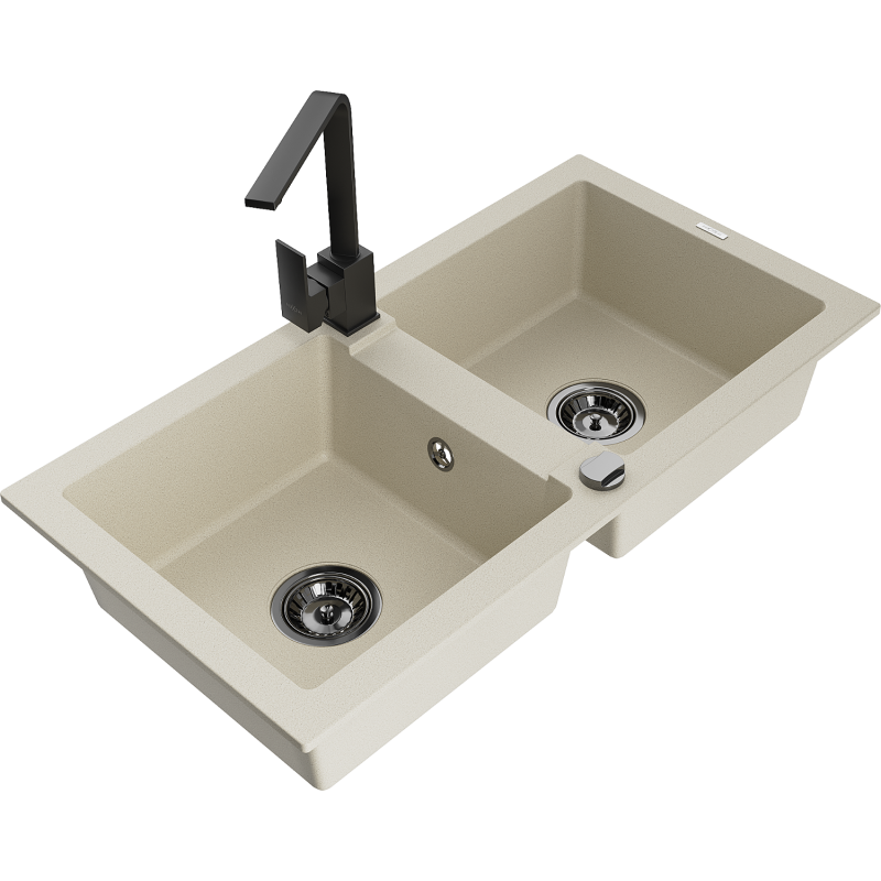 Mexen Mario Granitspüle 2-Kammer mit Küchenarmatur Rita, beige - 6504-69-670300-70