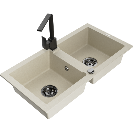 Mexen Mario granite kitchen sink 2-bowl with Rita kitchen tap, beige - 6504-69-670300-70