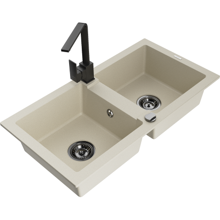 Mexen Mario lavello da cucina in granito a 2 vasche con miscelatore da cucina Rita, beige - 6504-69-670300-70