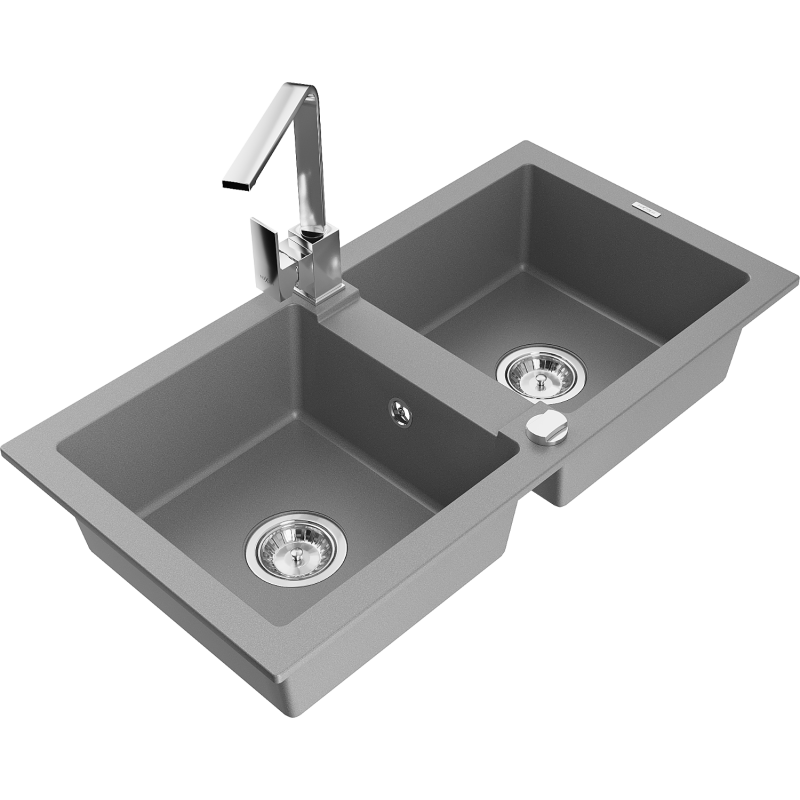 Mexen Mario granite kitchen sink 2-bowl with Rita kitchen tap, grey - 6504-71-670300-00