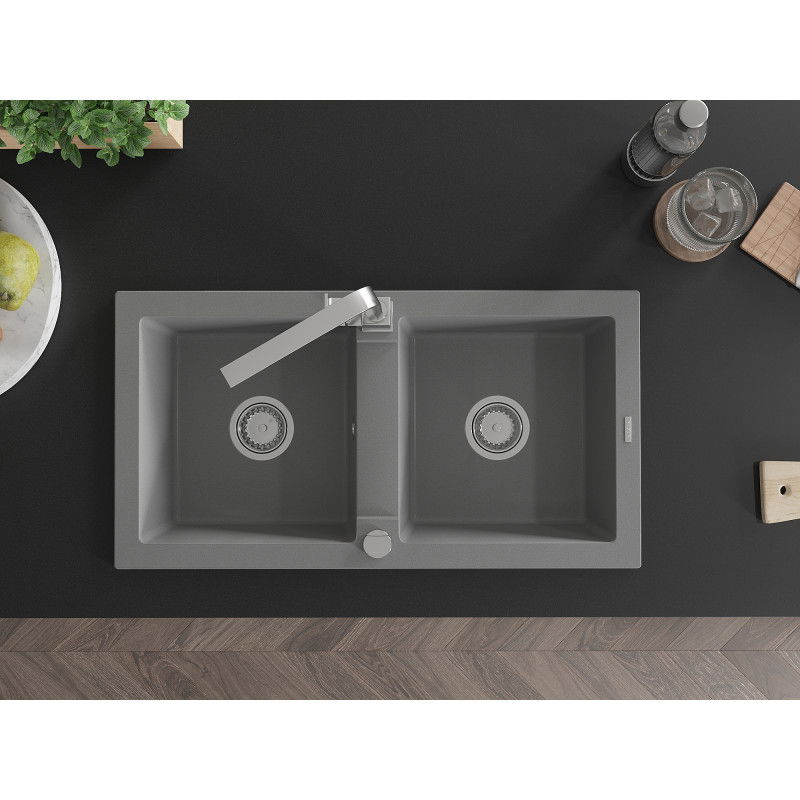 Mexen Mario granite kitchen sink 2-bowl with Rita kitchen tap, grey - 6504-71-670300-00