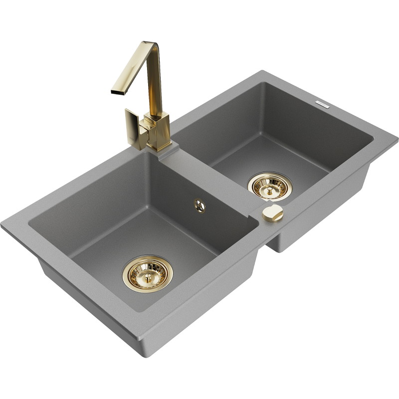 Mexen Mario fregadero de granito de 2 compartimentos con grifo de cocina Rita, gris - 6504-71-670300-50