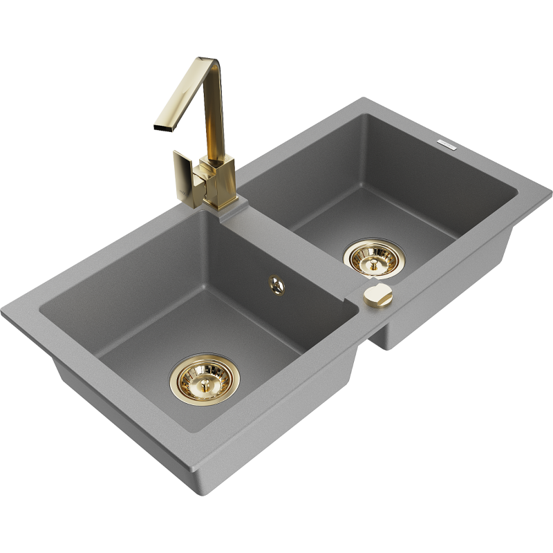 Mexen Mario fregadero de granito de 2 senos con grifo de cocina Rita, gris - 6504-71-670300-50