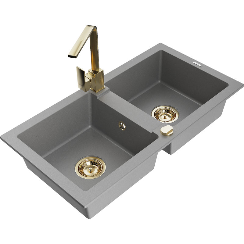 Mexen Mario granite double sink with Rita kitchen tap, grey - 6504-71-670300-50