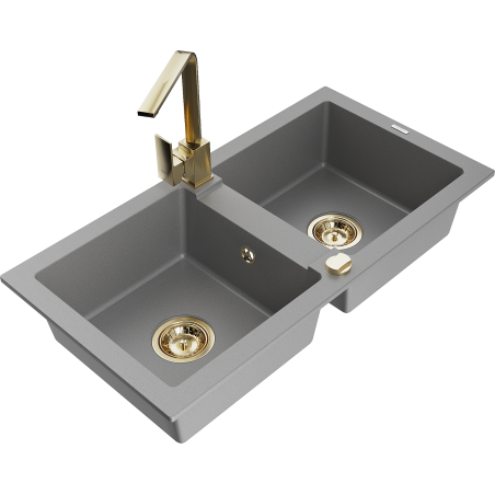 Mexen Mario granite double sink with Rita kitchen tap, grey - 6504-71-670300-50
