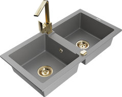 Mexen Mario granite double sink with Rita kitchen tap, grey - 6504-71-670300-50