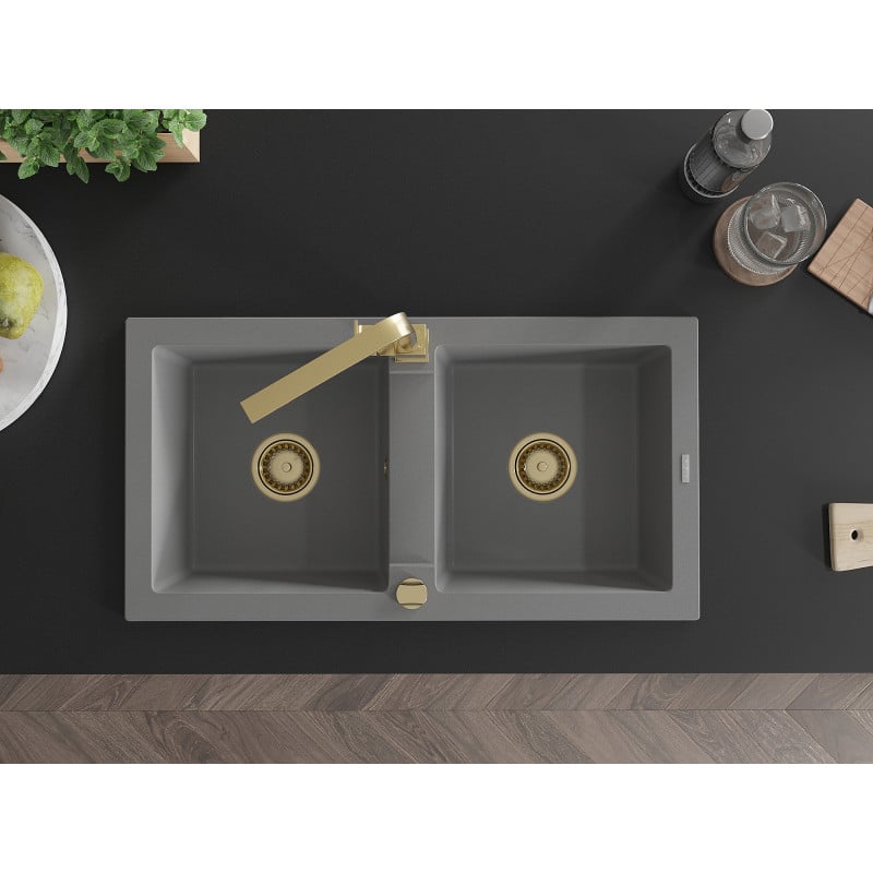 Mexen Mario granite double sink with Rita kitchen tap, grey - 6504-71-670300-50