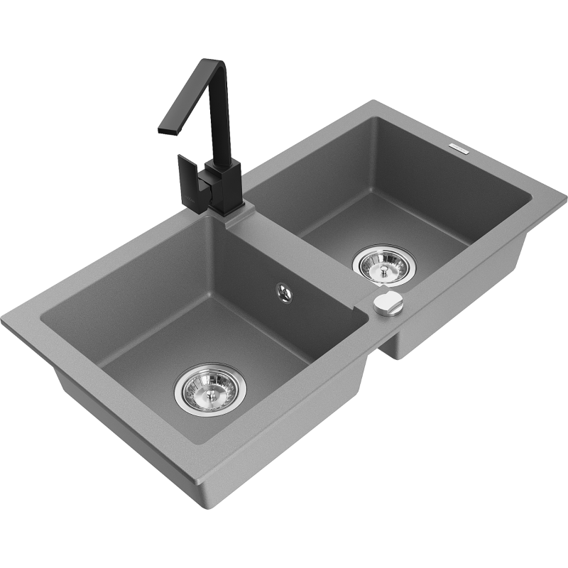 Mexen Mario lava-louça de granito 2-cubas com torneira de cozinha Rita, cinza - 6504-71-670300-70