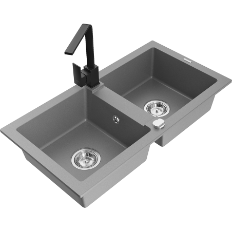 Mexen Mario granite sink 2-compartment with kitchen tap Rita, grey - 6504-71-670300-70