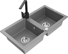 Mexen Mario granite sink 2-compartment with kitchen tap Rita, grey - 6504-71-670300-70