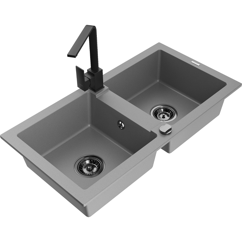 Mexen Mario fregadero de granito de 2 senos con grifo de cocina Rita, gris - 6504-71-670300-70-B