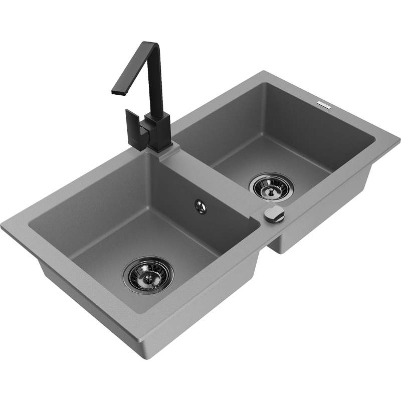 Mexen Mario granite 2-bowl sink with Rita kitchen tap, grey - 6504-71-670300-70-B