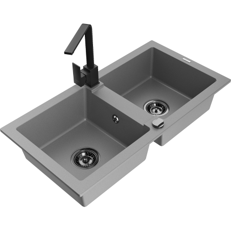 Mexen Mario fregadero de granito de 2 senos con grifo de cocina Rita, gris - 6504-71-670300-70-B